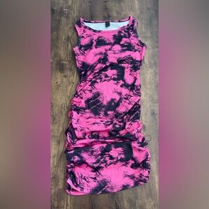 NWOT SHEIN Pink and Black Tie-Dye Sleeveless Ruched Midi Dress